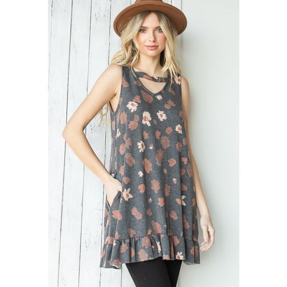 🆕 Floral Print Cut Out V-Neck Tunic
